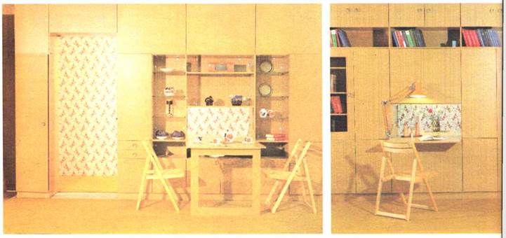 Шкаф-перегородка с откидным обеденным столом, разделяющий общую комнату и комнату для работы
