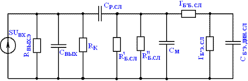 Рис. 5.9. Эквивалентная схема резистивного каскада для широкой полосы частот на БТ