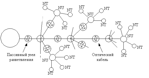 Рисунок 3.6. Пример пассивной оптической сети PON