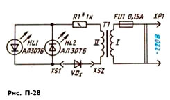 Простой пробник на светодиодах АЛ307 или АЛ310 с любым буквенным индексом. Принципиальная схема