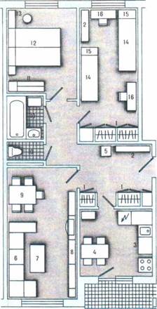 Вариант планировки типовой трёхкомнатной квартиры