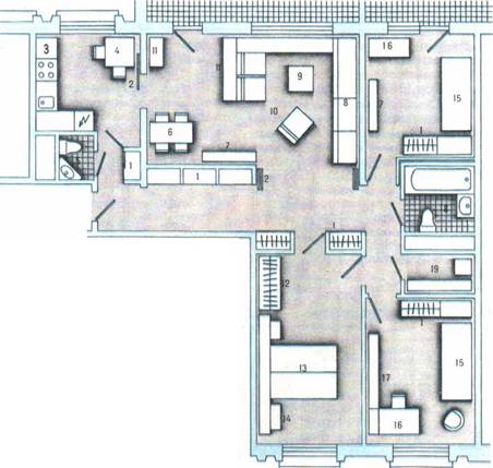 Вариант планировки типовой четырёхкомнатной квартиры