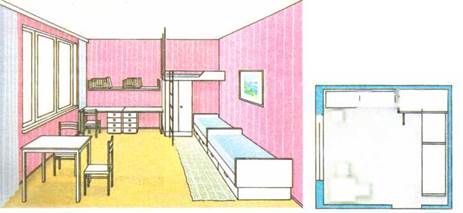 Вариант организации интерьера детской комнаты для двоих (общий вид и план)