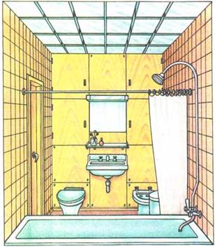 Пример интерьера ванной комнаты со светящимся подвесным потолком