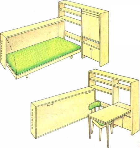 Пристенный шкаф-секретер и тумба с откидной кроватью, позволяющие трансформировать зону отдыха в рабочую зону