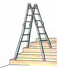 Стремянка с выдвижными опорами, позволяющими надёжно устанавливать её на лестнице или другом неровном основании