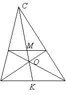 Во всякой трапеции середины оснований К, М лежат на прямой, проходящей через точку пересечения диагоналей О и точку пересечения продолжений боковых сторон.