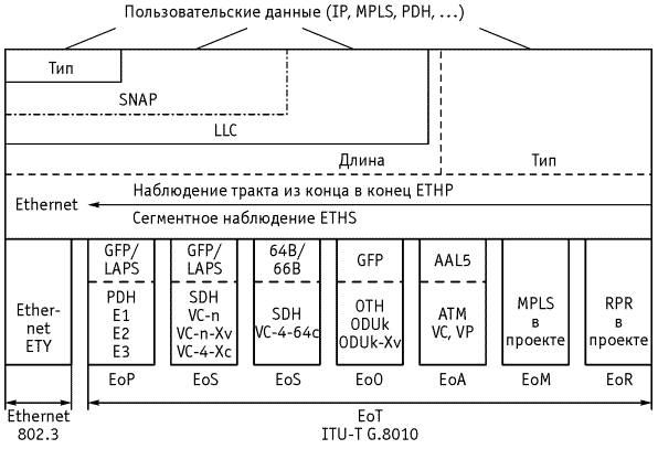 Рисунок 2.35. Структура интерфейсов Ethernet с различными средами передачи